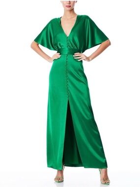 Alice + Olivia Emerald Green Midi Dress with V-Neck